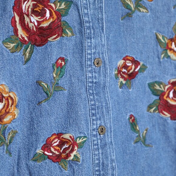 Vintage Bushwacker Floral Embroidered Oversized Denim Shirt Western Cottagecore - Picture 6 of 8